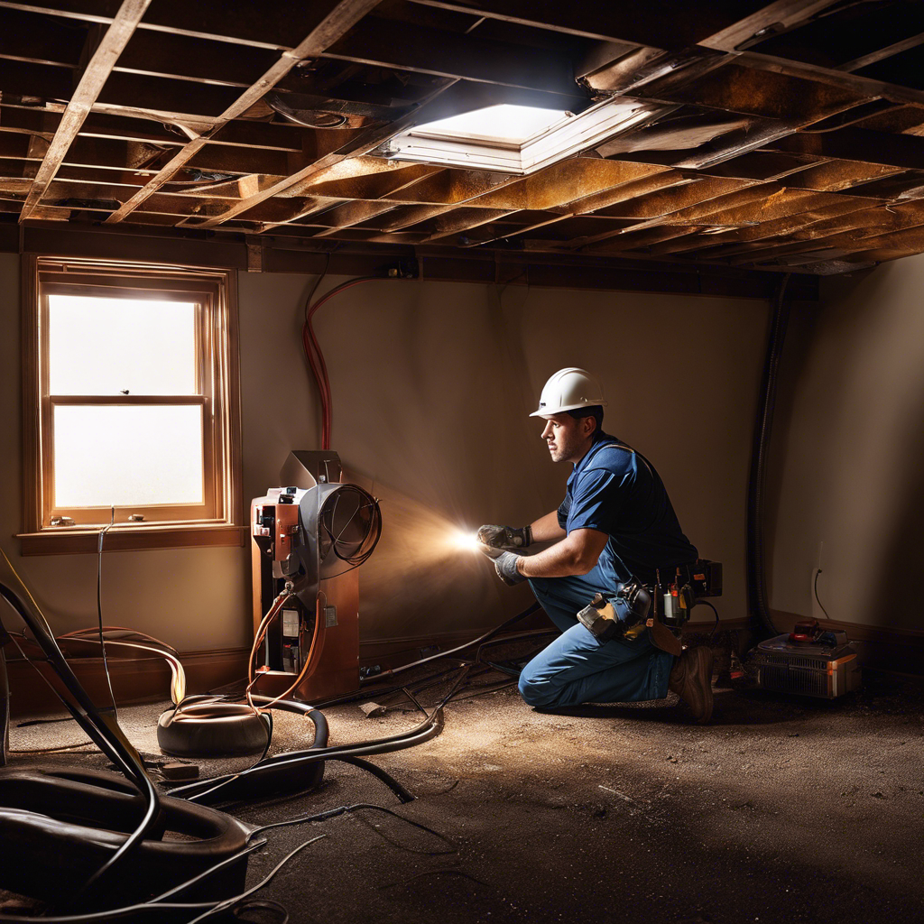 An image showing a professional HVAC technician diligently removing old, rusty ductwork from a residential basement, while sunlight streams through a small window, illuminating the debris and emphasizing the need for an upgrade