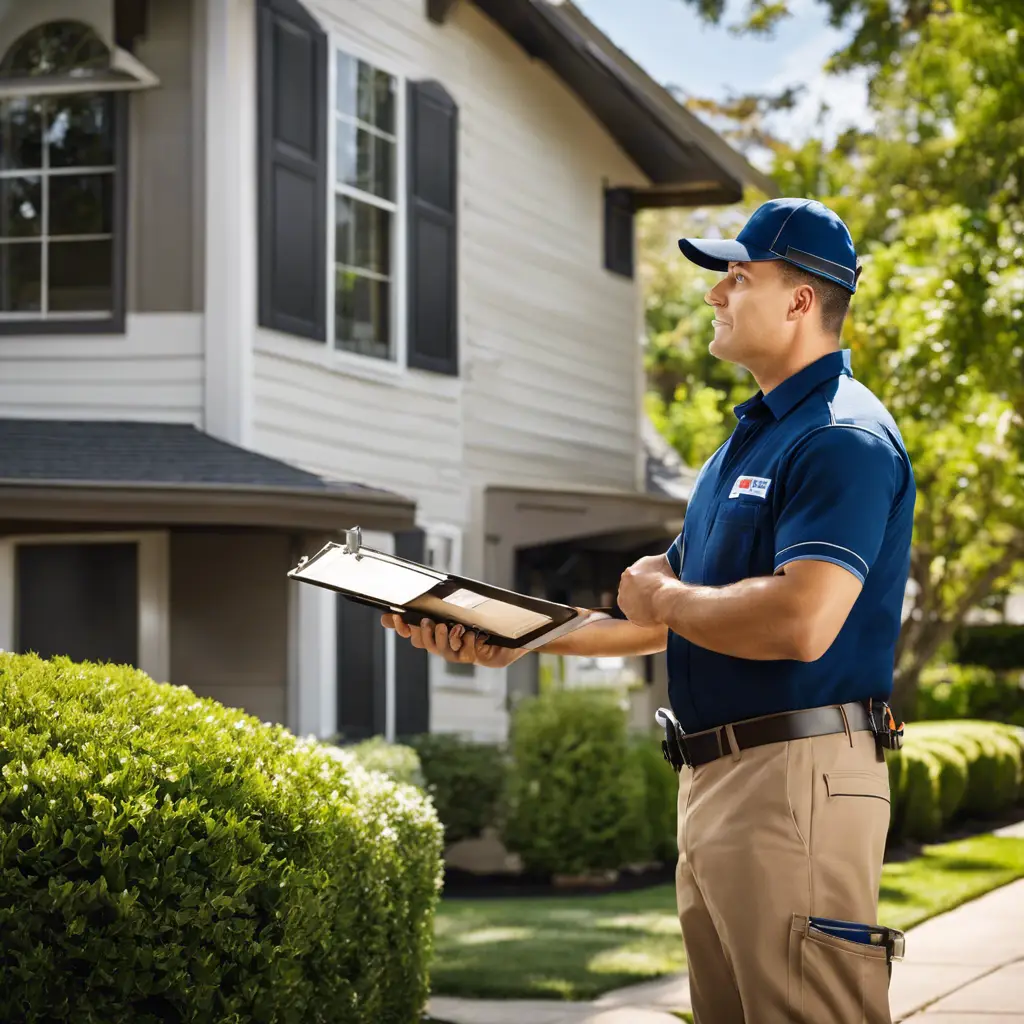 An image showcasing an HVAC technician, wearing a uniform and holding a clipboard, standing in front of a house on a sunny weekend day