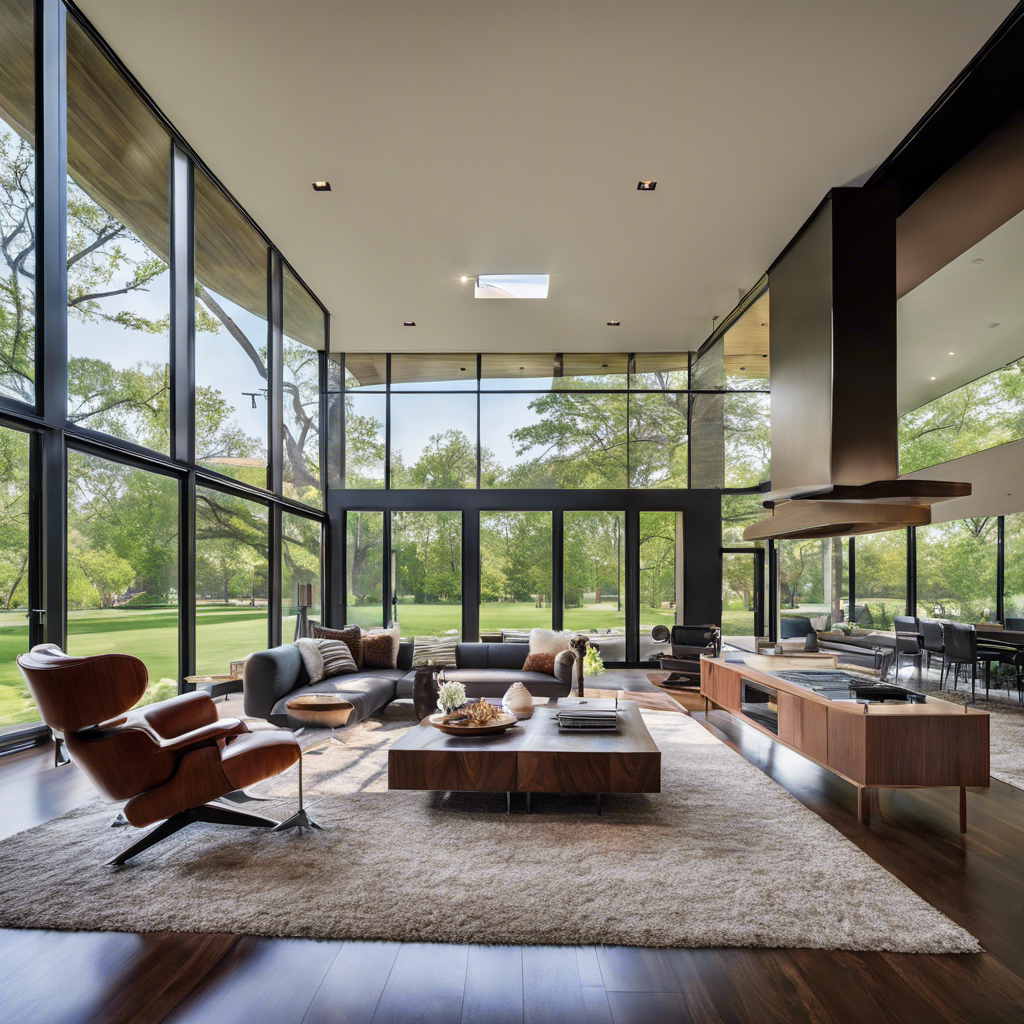 An image showcasing a modern, stylish Tulsa home with floor-to-ceiling windows, filled with warm, cozy light from an energy-efficient heating system