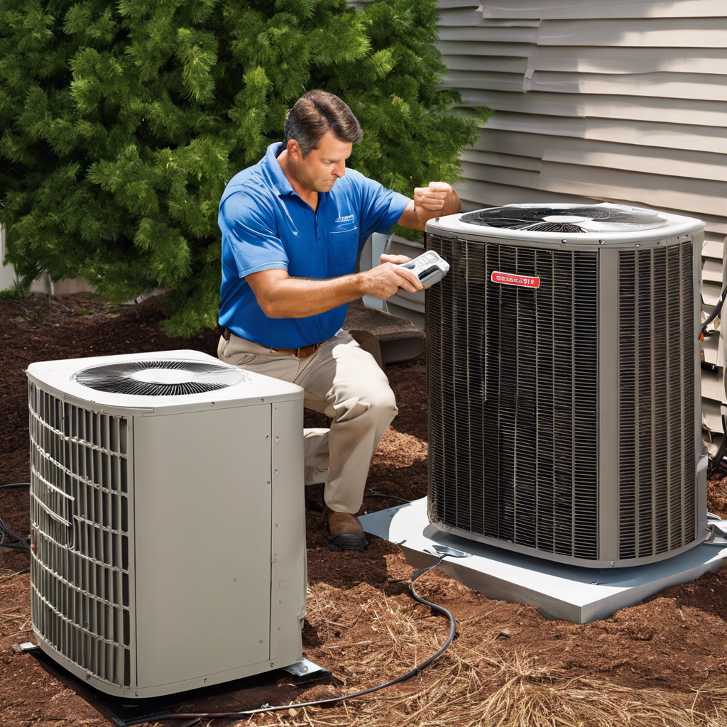 An image showcasing a frustrated homeowner in Tulsa, sweating profusely with a broken air conditioner, while a skilled HVAC technician troubleshoots the system, offering solutions and restoring comfort