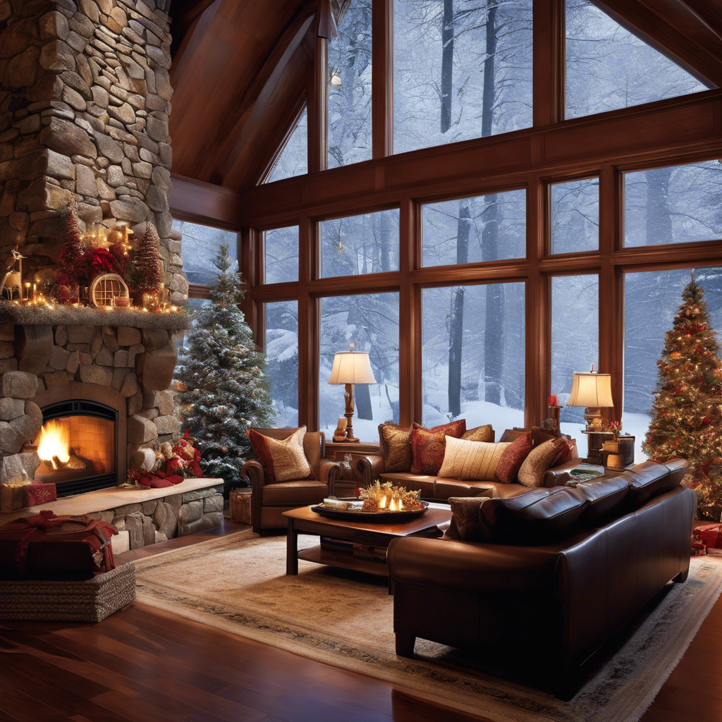 An image featuring a cozy living room with a crackling fireplace, surrounded by a winter wonderland outside