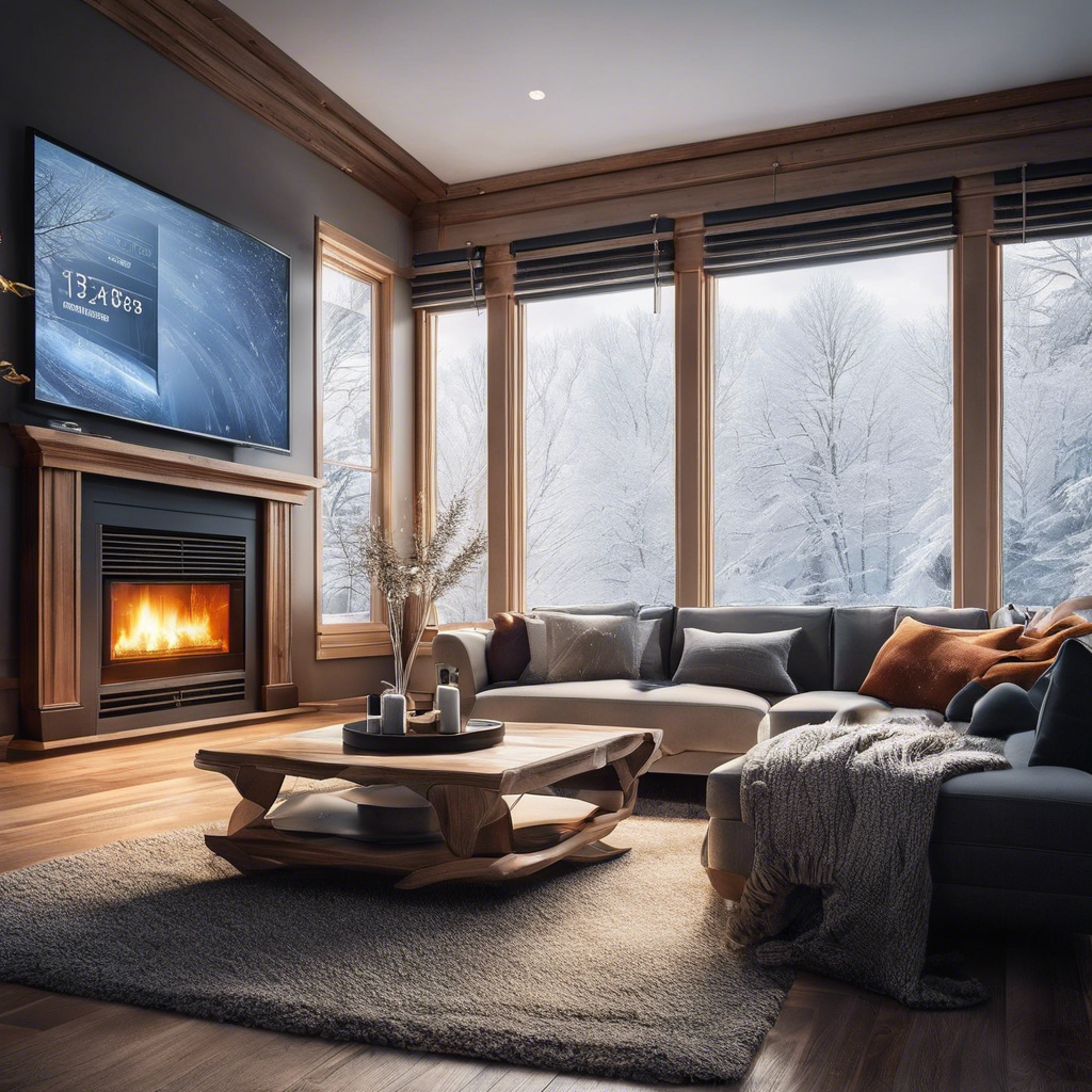 An image showing a cozy living room with a frozen air conditioning unit outside