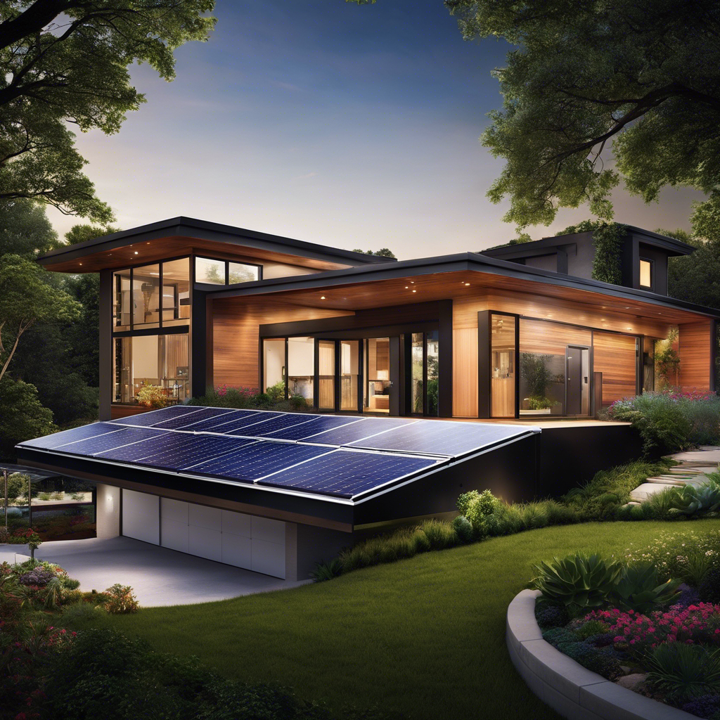 An image showcasing a modern, energy-efficient home in Tulsa, adorned with lush greenery and solar panels on the roof