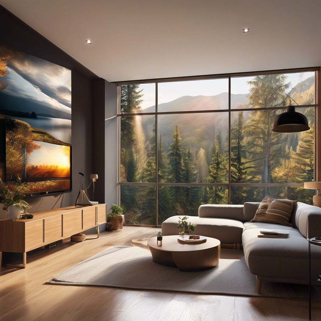 An image showing a cozy living room with a programmable thermostat mounted on the wall, set at a lower temperature during the day, while warm sunlight streams through the window, illuminating the room