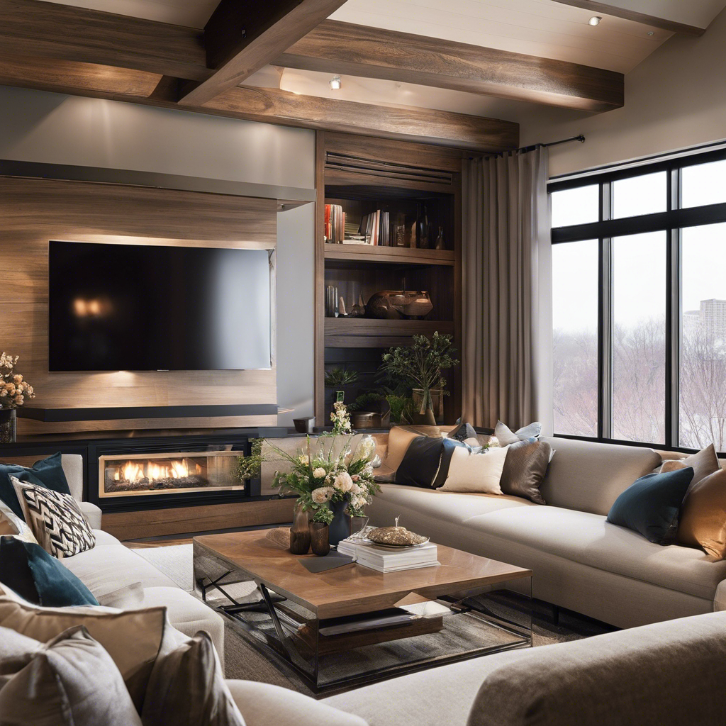 An image showcasing a cozy living room in Tulsa, with a modern HVAC system prominently displayed