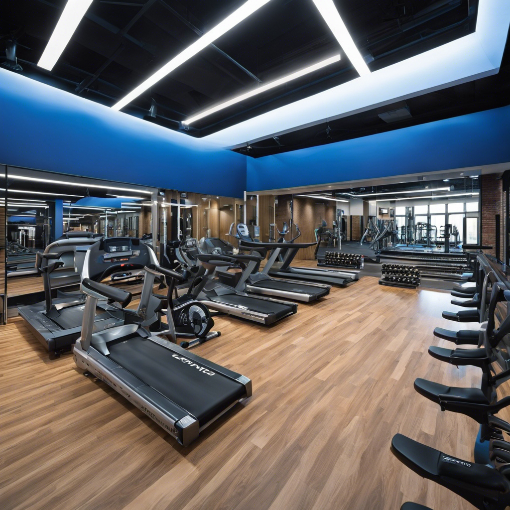 An image showcasing a gym facility in Tulsa with clear blue skies outside, while cool air flows from vents, circulating efficiently throughout the space, ensuring a comfortable workout environment