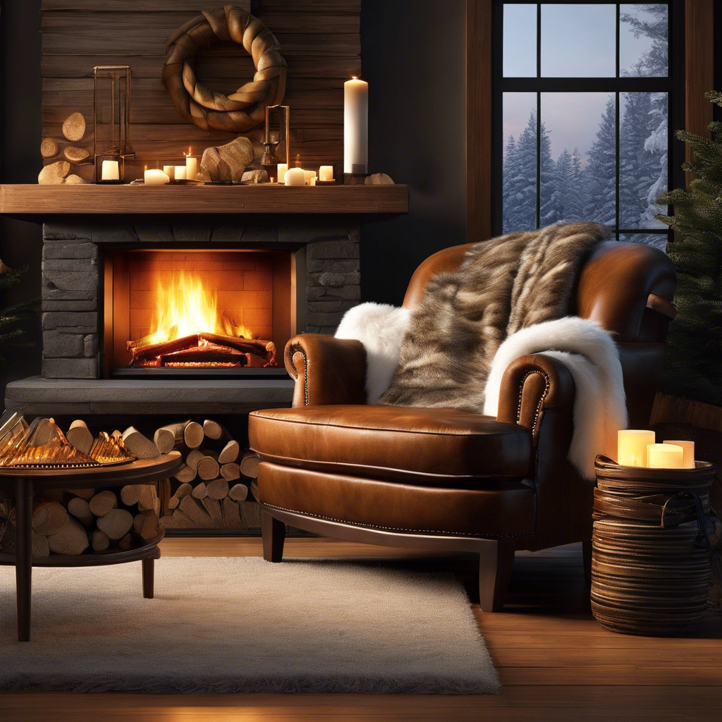 An image showcasing a living room adorned with a plush, fur-lined armchair facing a roaring fireplace, casting a warm, golden glow