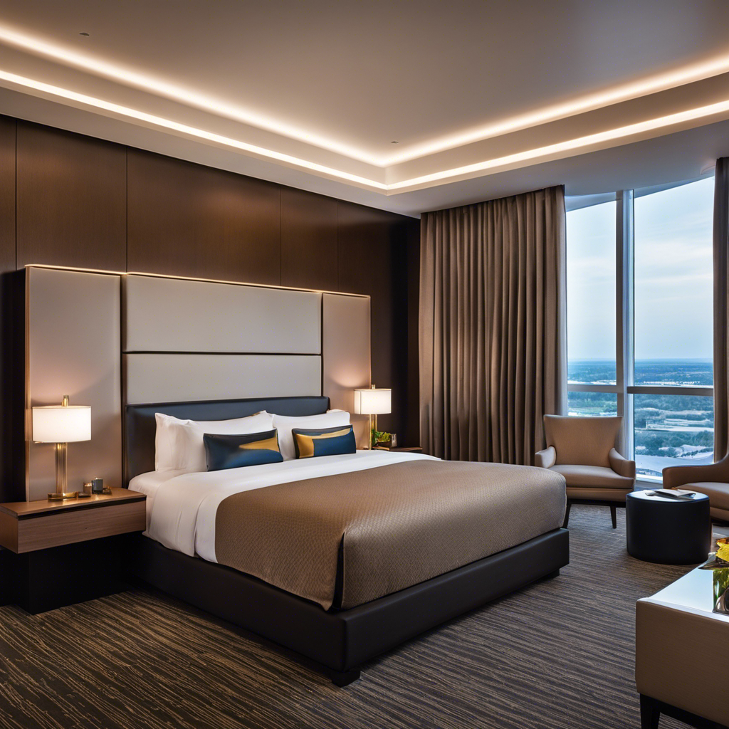 An image showcasing a sleek, modern hotel room in Tulsa, bathed in a soft, energy-efficient glow