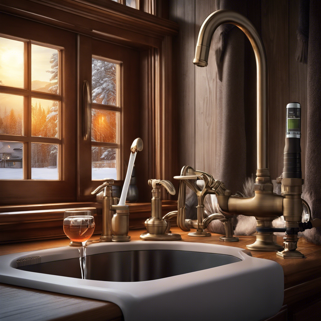 An image depicting a cozy home interior with a faucet gently dripping to prevent freezing, while insulation surrounds exposed pipes