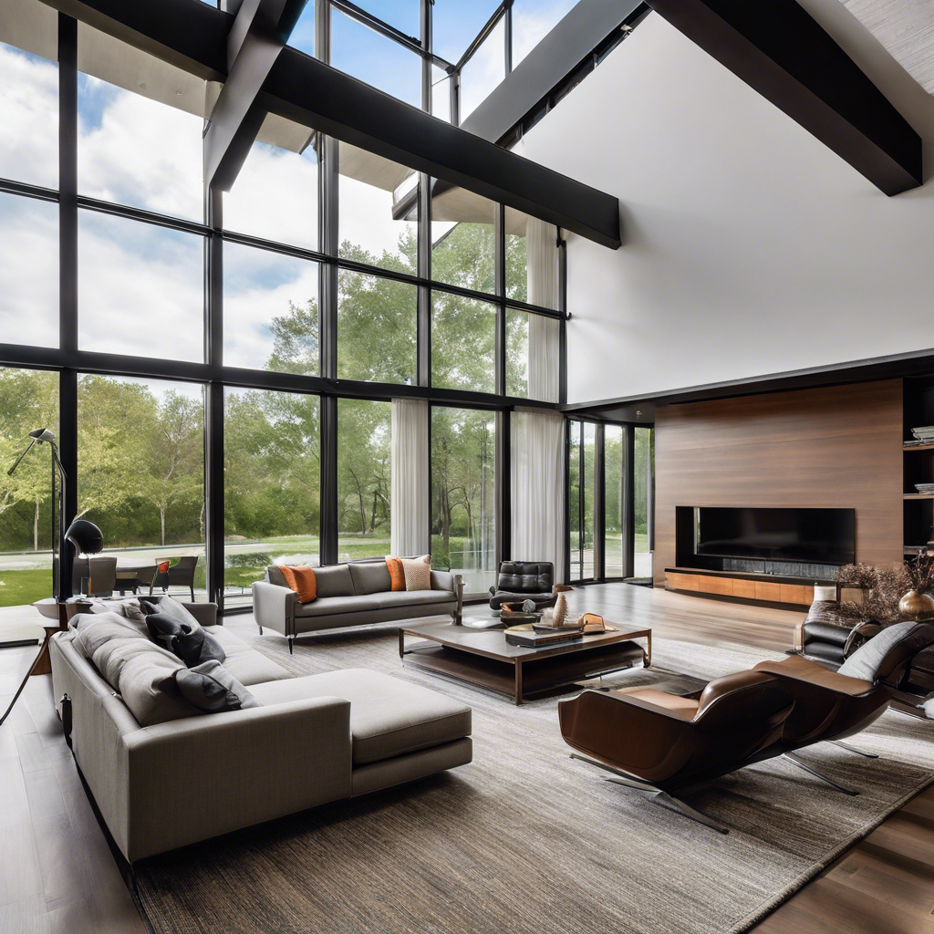 An image showcasing a spacious Tulsa living room with a sleek, modern HVAC system integrated seamlessly into the ceiling