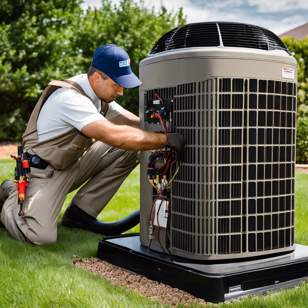 An image showcasing a Tulsa homeowner's peace of mind, featuring a skilled HVAC technician performing a thorough maintenance check on their system, surrounded by a clean, efficient, and well-maintained HVAC unit