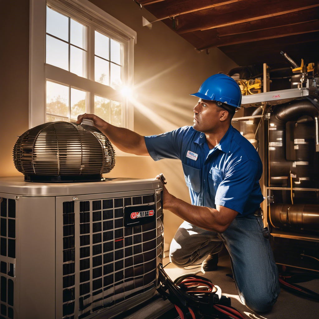 An image showcasing a skilled HVAC technician in Tulsa meticulously cleaning and inspecting an air conditioning unit, surrounded by a neatly organized toolkit, with rays of sunlight illuminating the scene