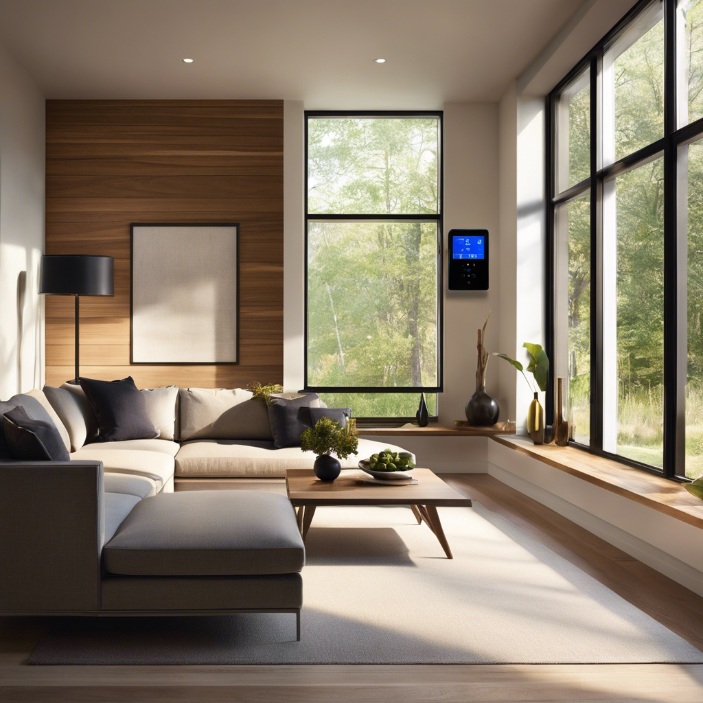 An image showcasing a modern, sleek smart thermostat installed on a wall in a cozy living room