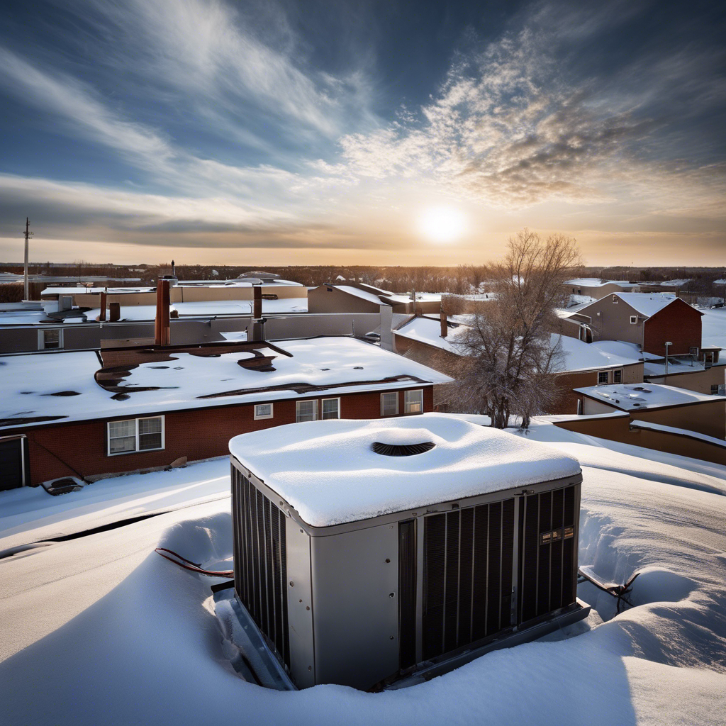 An image showcasing a snow-covered rooftop with icicles hanging from a damaged HVAC unit, contrasting against a scorching summer scene in Tulsa, displaying a wilted HVAC system surrounded by cracked dry earth