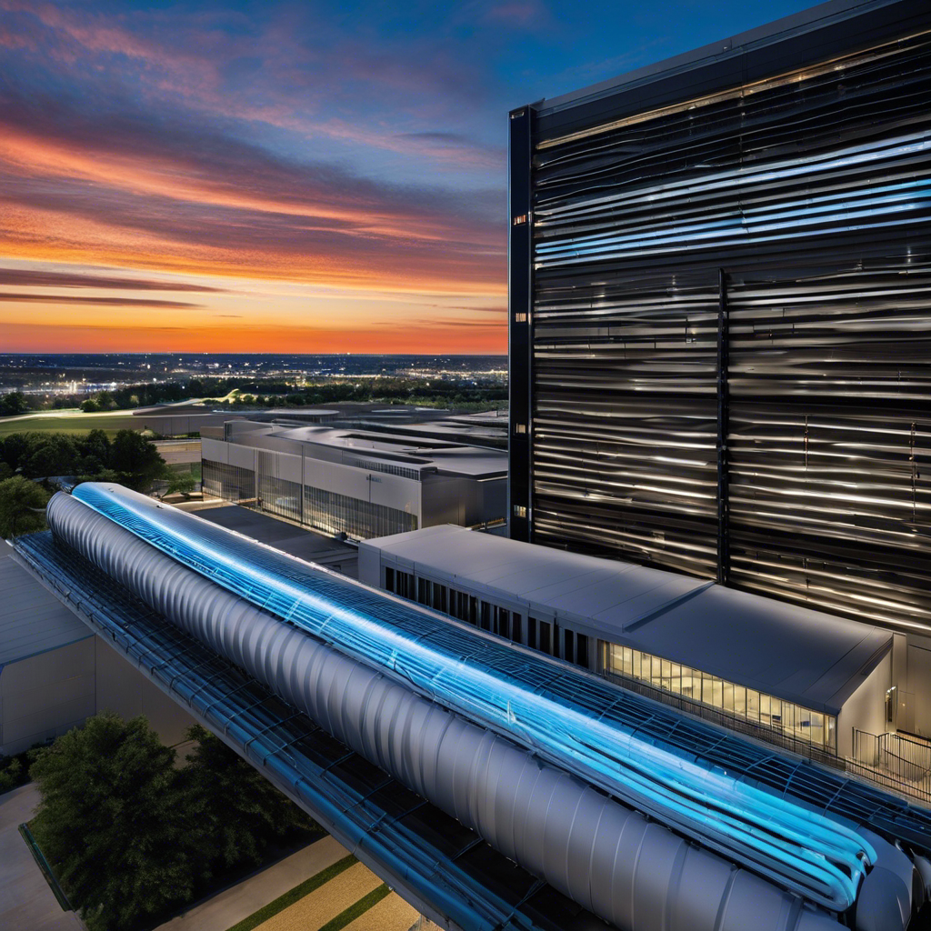 An image showcasing a state-of-the-art HVAC system in a data center, set against the backdrop of Tulsa's skyline