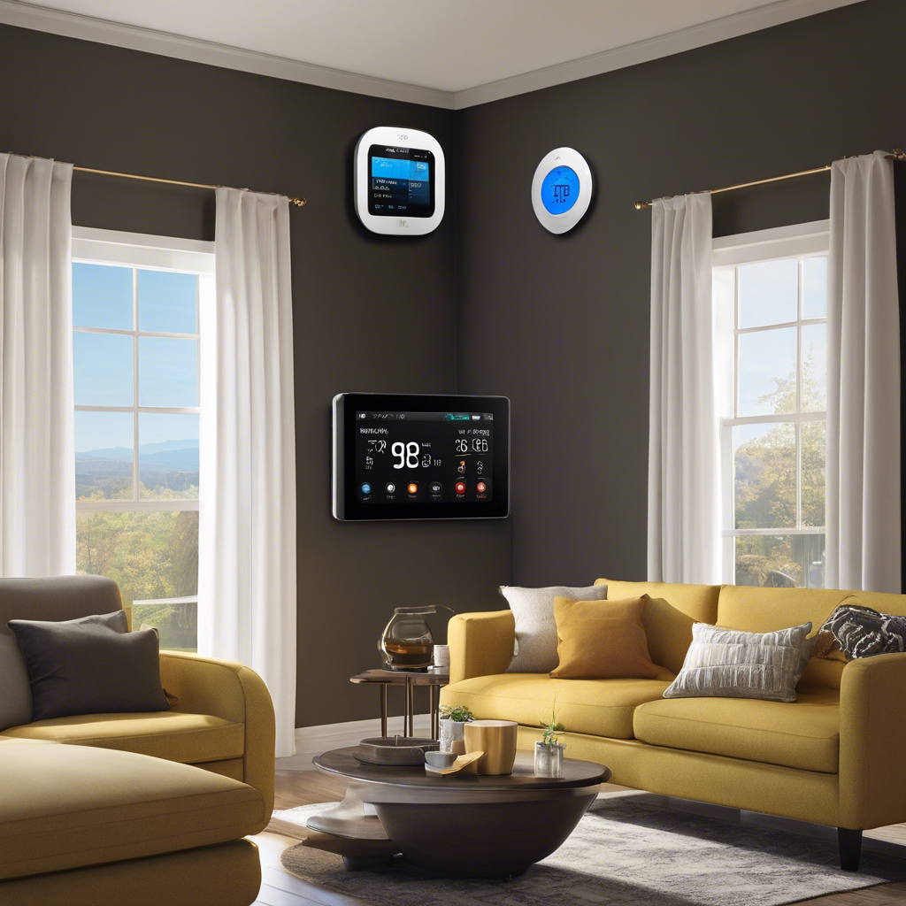 An image depicting a cozy Tulsa home with a smart thermostat, surrounded by dollar signs symbolizing energy bills