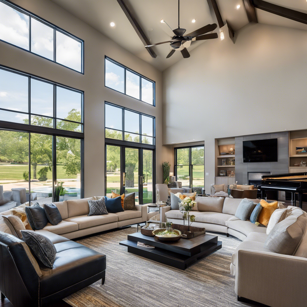 An image showcasing a modern, stylish living room in Tulsa, flooded with natural light streaming through large windows