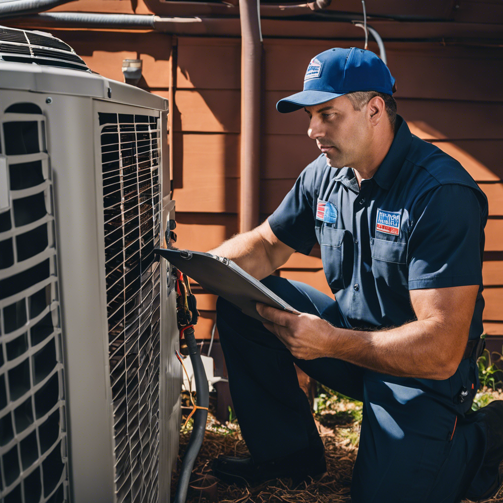  Capture the image of a professional HVAC technician inspecting the air conditioning unit of a cozy Tulsa rental property, meticulously examining the ductwork, filters, and thermostat to ensure optimal performance and tenant comfort