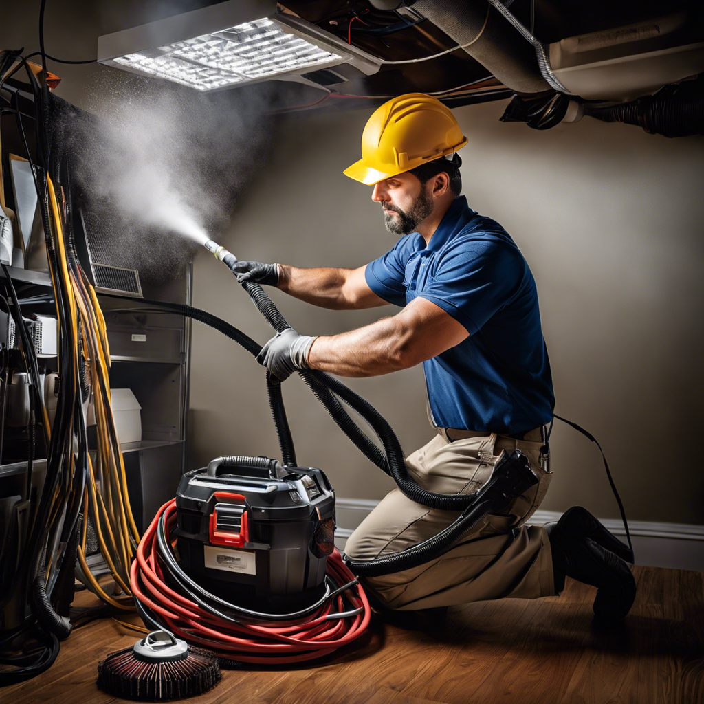 An image of a professional technician in Tulsa, equipped with specialized tools, thoroughly cleaning air ducts, with dust particles being sucked away and replaced by fresh, clean air