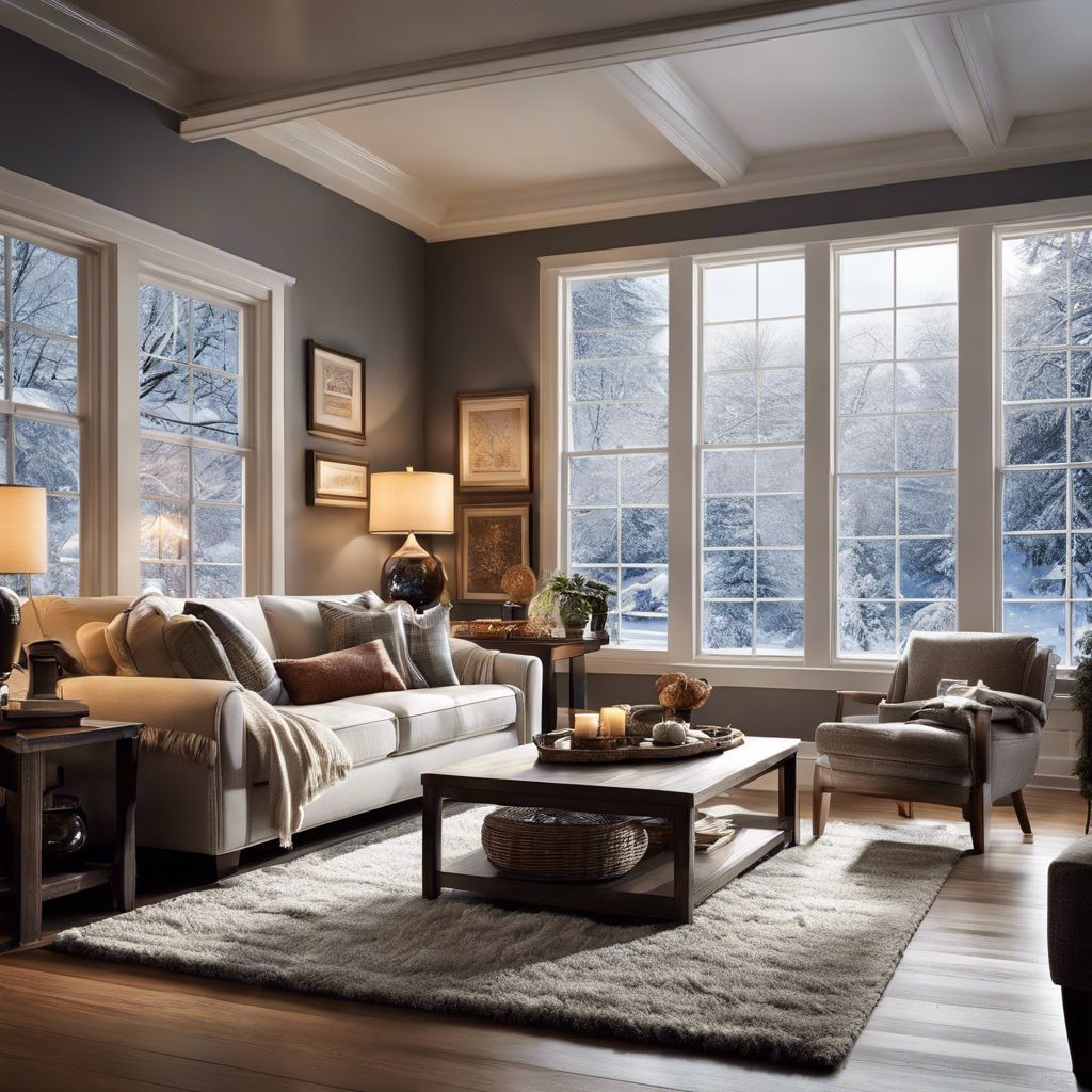 An image showing a cozy living room with a gleaming, well-maintained HVAC system in the background