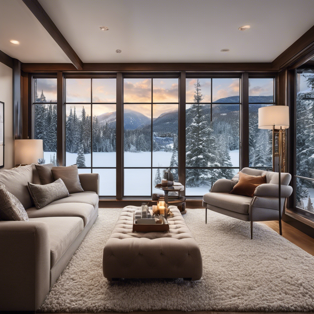 An image showcasing a cozy living room in winter, with a snowy landscape visible through a large window