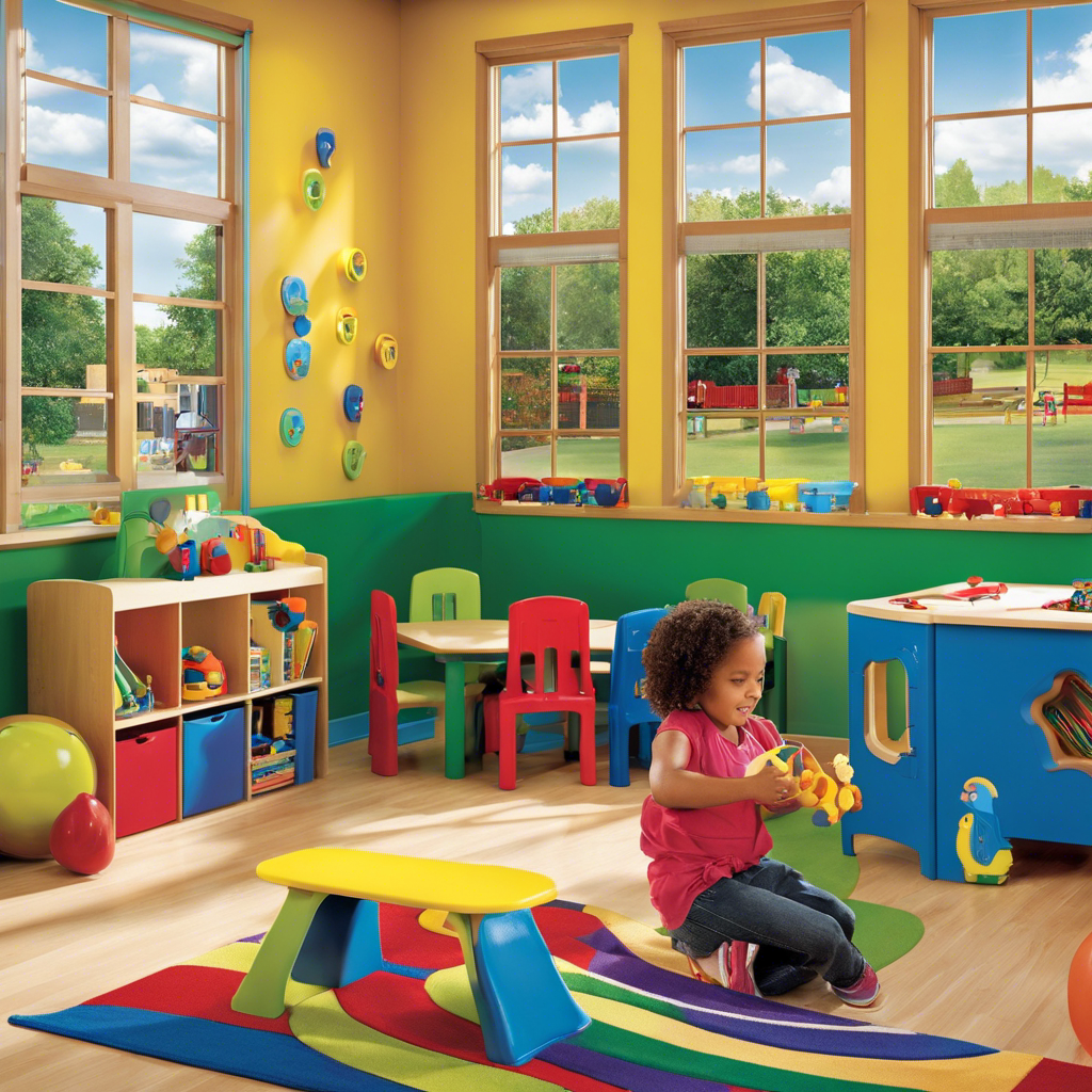 An image showcasing a vibrant daycare classroom in Tulsa, filled with children engaged in activities, while outside the window, a sophisticated HVAC system purifies the air, reducing allergens and ensuring a healthy environment for the little ones