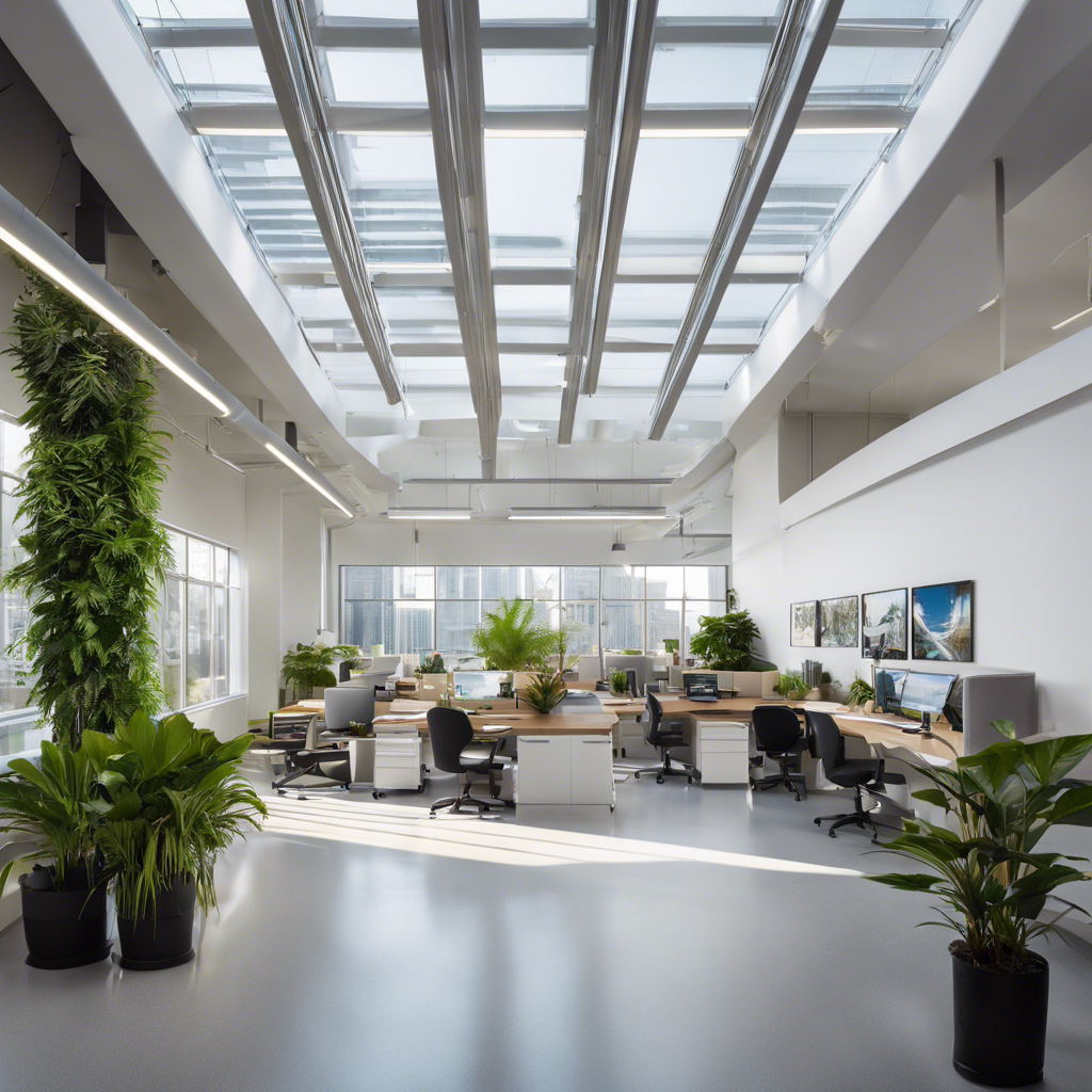 Capture an image of a bright, spacious office flooded with natural light, adorned with sleek, state-of-the-art HVAC vents