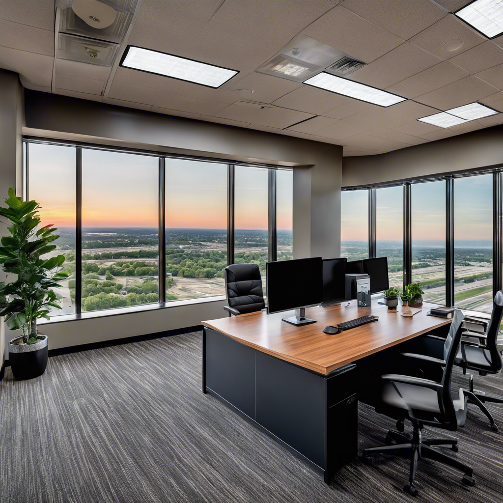 An image that showcases a sleek, modern office space in Tulsa, with a panoramic view of floor-to-ceiling windows, filled with abundant natural light and a perfectly maintained HVAC system subtly blending in