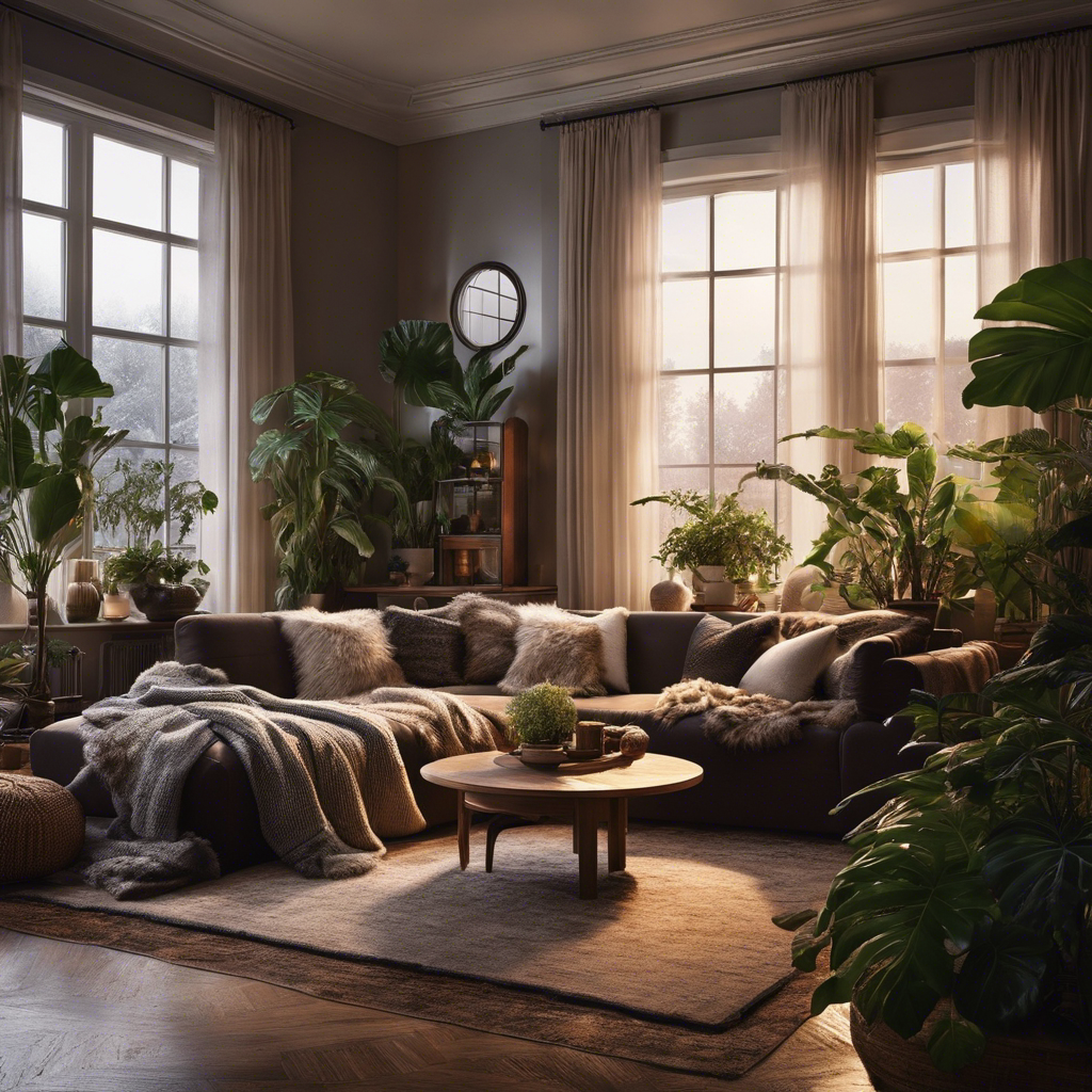 An image showcasing two contrasting scenes: a cozy living room with warm lighting, where people are comfortably dressed, surrounded by lush plants and comfortable furniture; juxtaposed with a frosty, barren room with condensation on windows, where people are bundled up, shivering, and uncomfortable