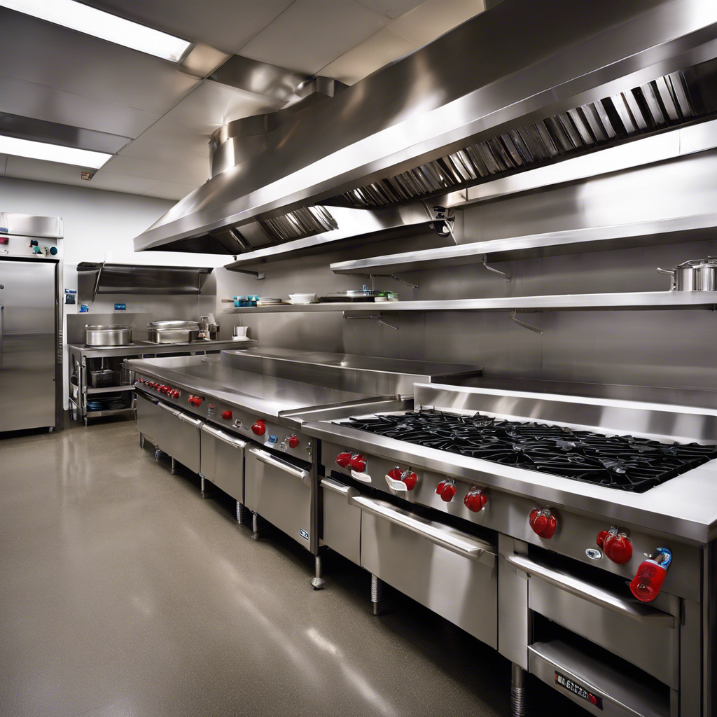 An image showcasing a spotless commercial kitchen in Tulsa, with a gleaming stainless steel prep area, a row of refrigerators, and a state-of-the-art HVAC system, highlighting its crucial role in maintaining food safety
