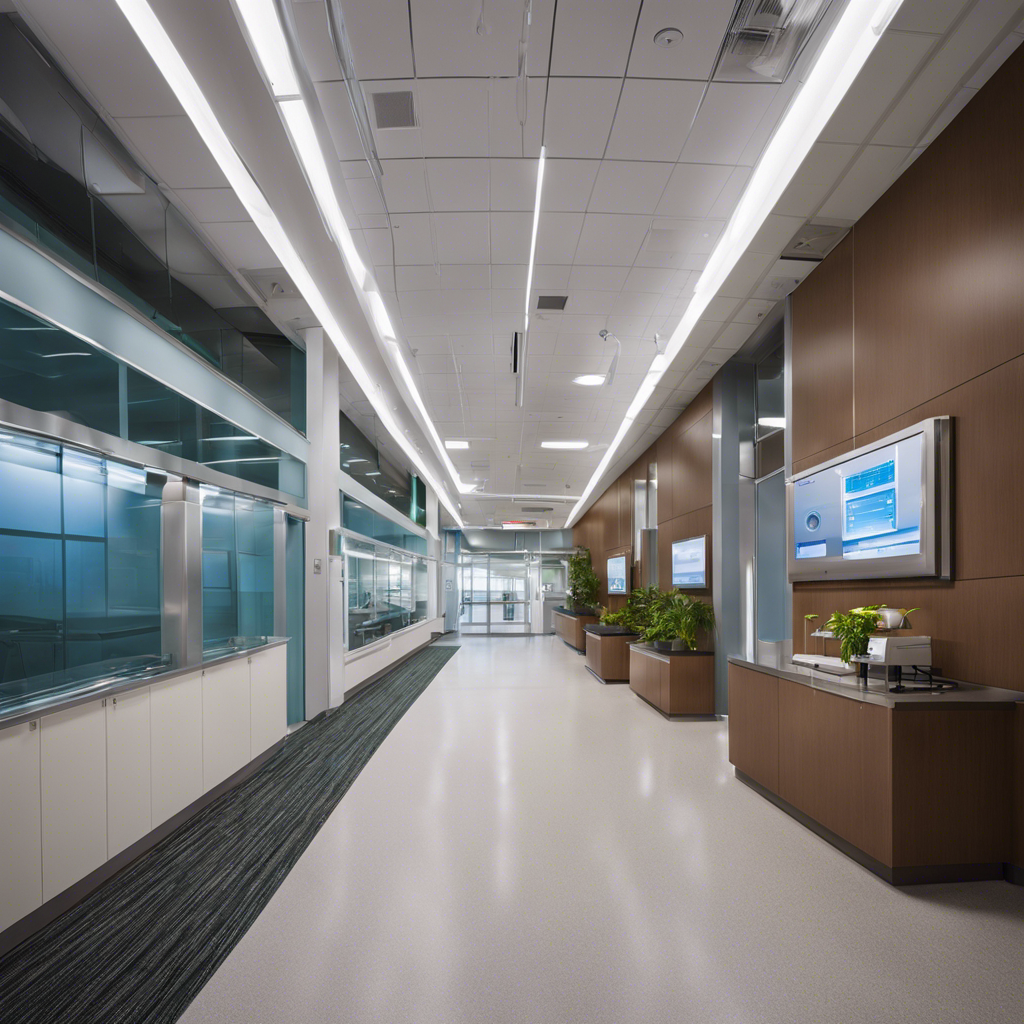 An image depicting a modern medical facility in Tulsa, Oklahoma, showcasing a state-of-the-art HVAC system seamlessly circulating clean and purified air throughout the facility, ensuring optimal indoor air quality for patients and staff alike