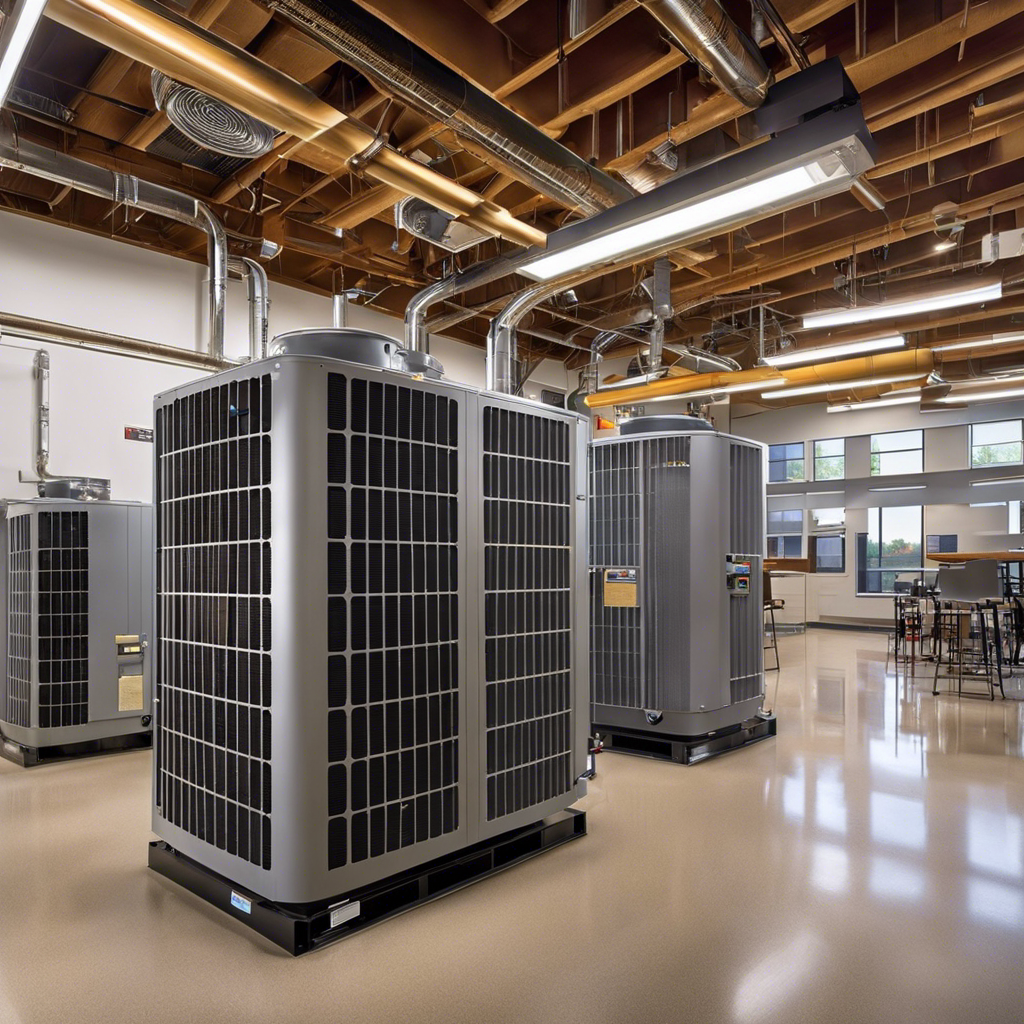 An image showcasing a modern, well-maintained HVAC system in a Tulsa school, with clean and crisp air circulating in a classroom filled with engaged students and a comfortable learning environment