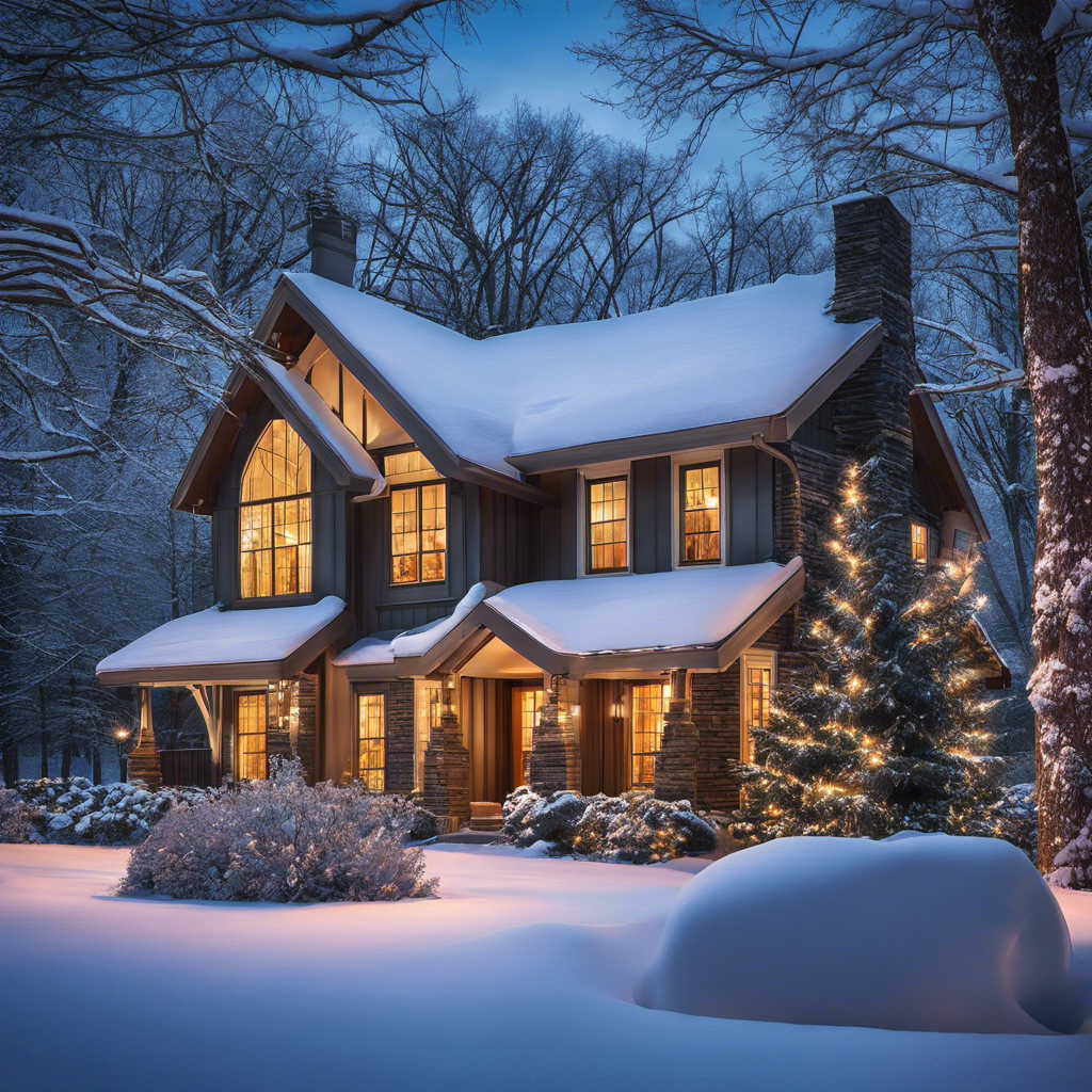 An image showcasing a well-insulated house in Tulsa, surrounded by snow-covered trees