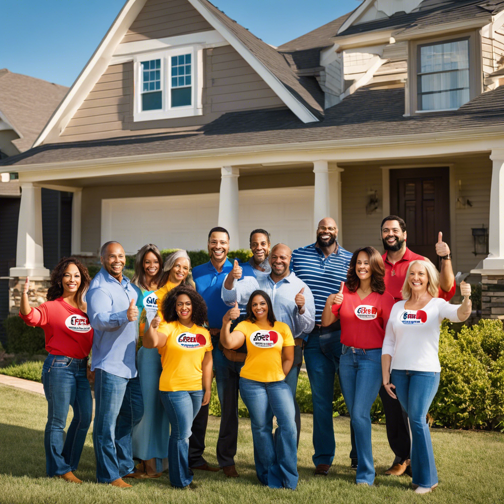 An image featuring a diverse group of homeowners in Tulsa, standing in front of their houses, holding up "thumbs up" signs
