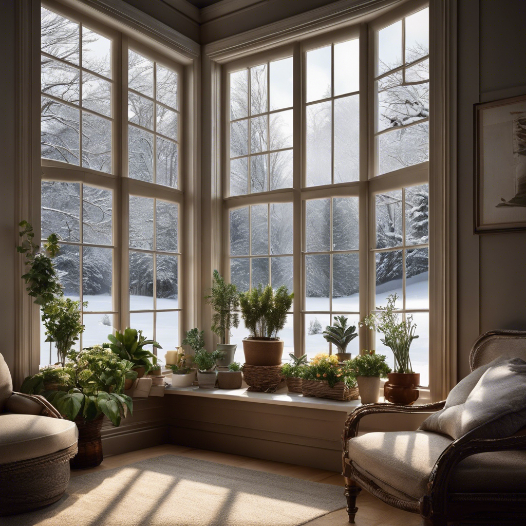 An image showcasing a cozy living room with an open window, inviting cool winter air