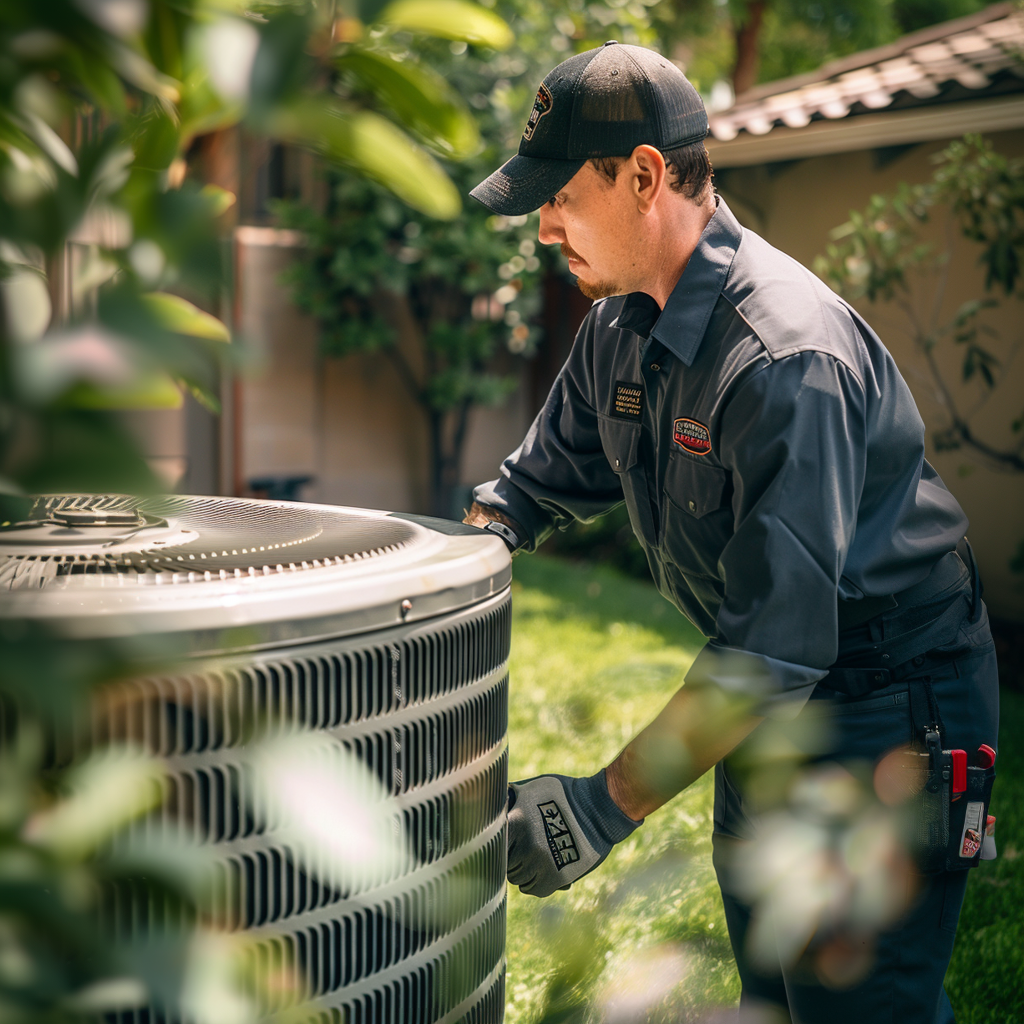 A dedicated technician, clothed in a uniform marked with subtle yet recognizable certification badges, meticulously examines an outdoor AC unit.